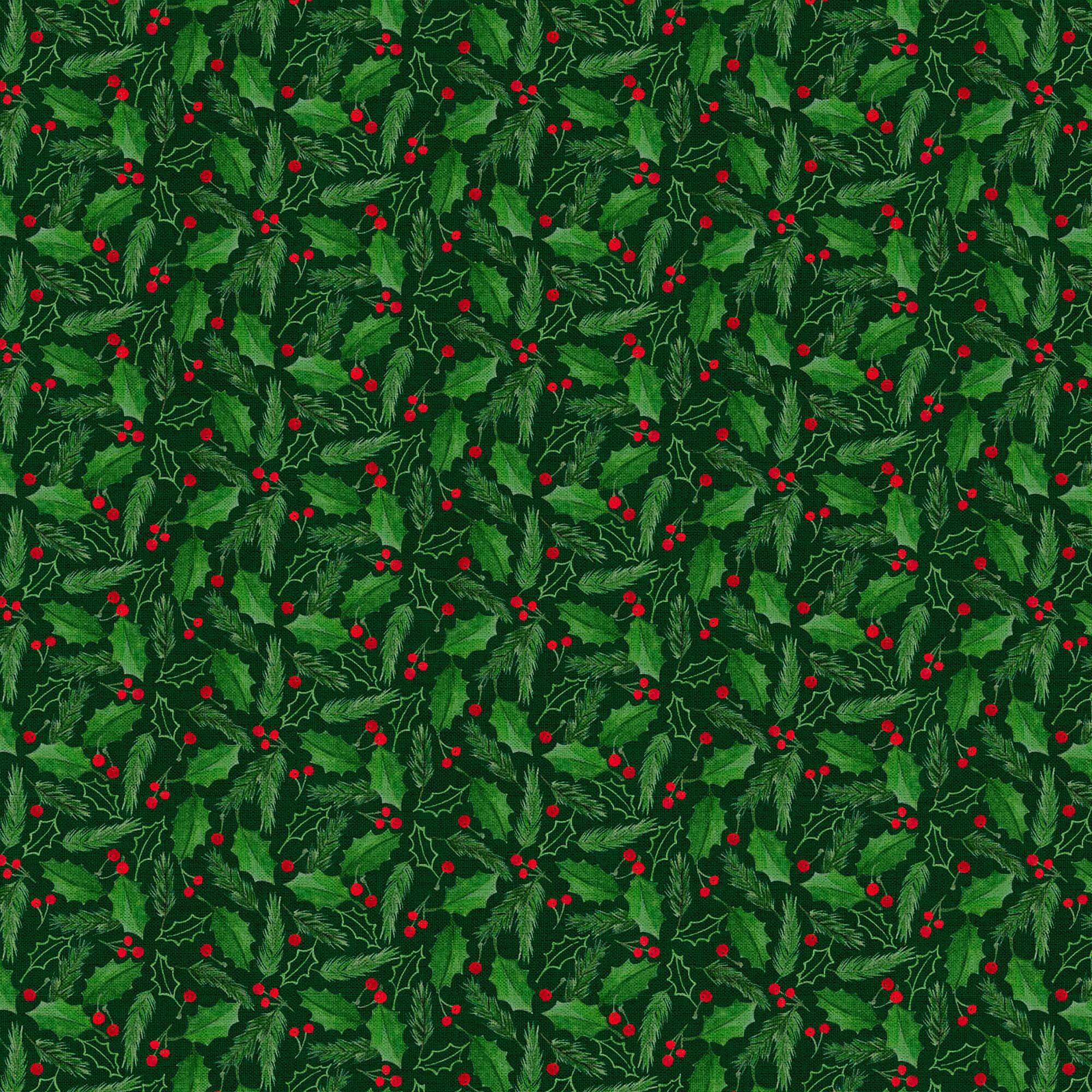 Fabric Editions Green Holly & Berries Cotton Fabric